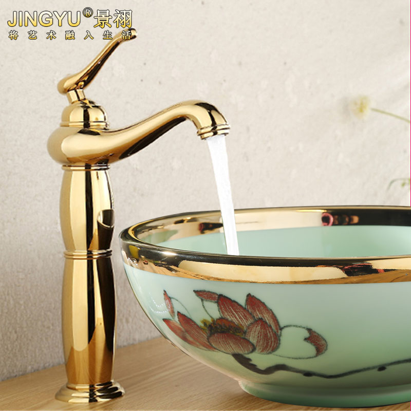 全铜欧式水龙头金色单孔面盆龙头台上盆加高款洗手池家用冷热龙头