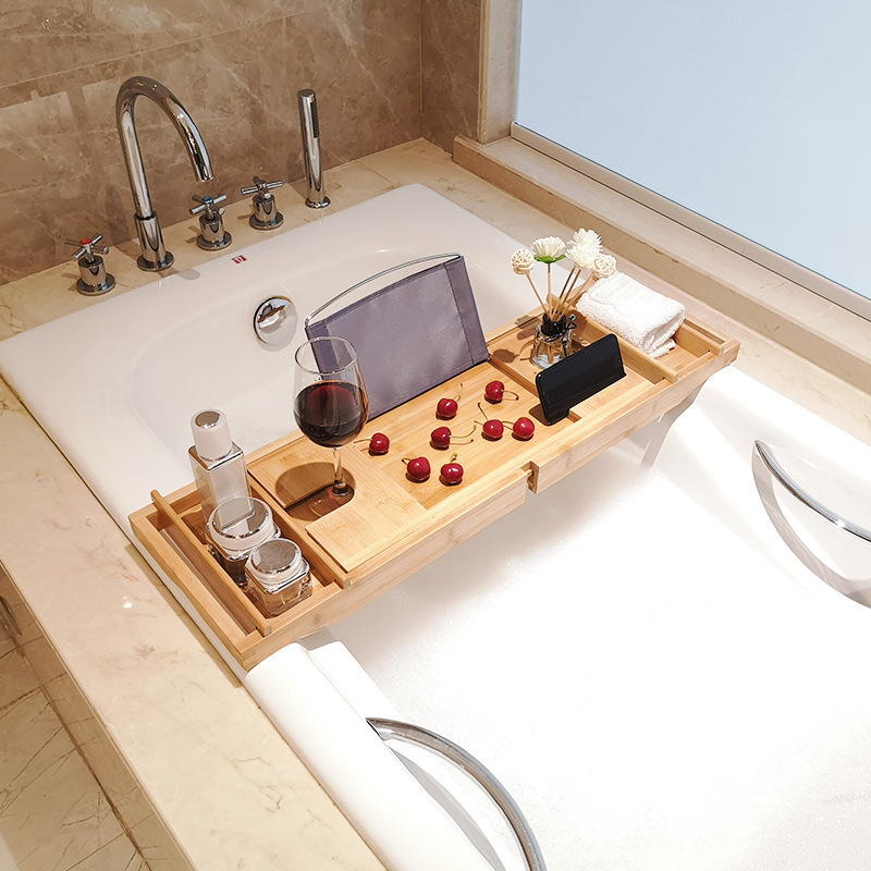 竹制原色中板带布浴缸架、多用途浴缸卫生间置物架、浴室