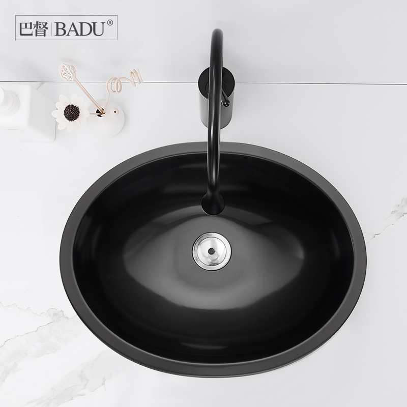 巴督 北欧黑色面盆嵌入式台下盆家用304不锈钢洗手盆卫生间洗脸盆