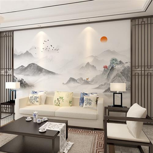 5d新中式电视背景墙壁纸家用客厅山水画墙纸壁布影视墙布水墨壁画