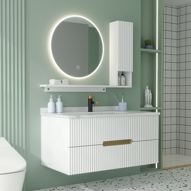 现代轻奢岩板陶瓷浴室柜组合智能圆镜卫生间洗漱台洗手洗脸盆简约