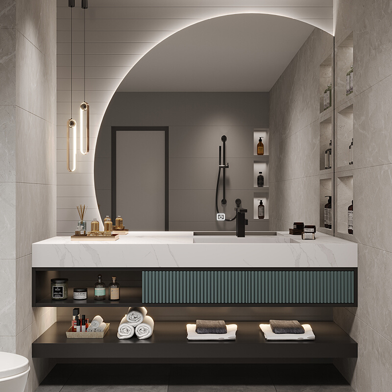 北欧简约岩板一体盆浴室柜组合洗手洗脸盆柜化妆室现代实木浴