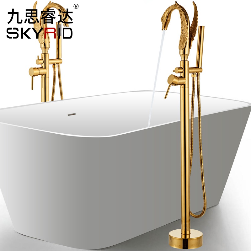 欧式金色全铜落地式浴缸龙头冷热水缸边坐式手持淋浴花洒喷头套装