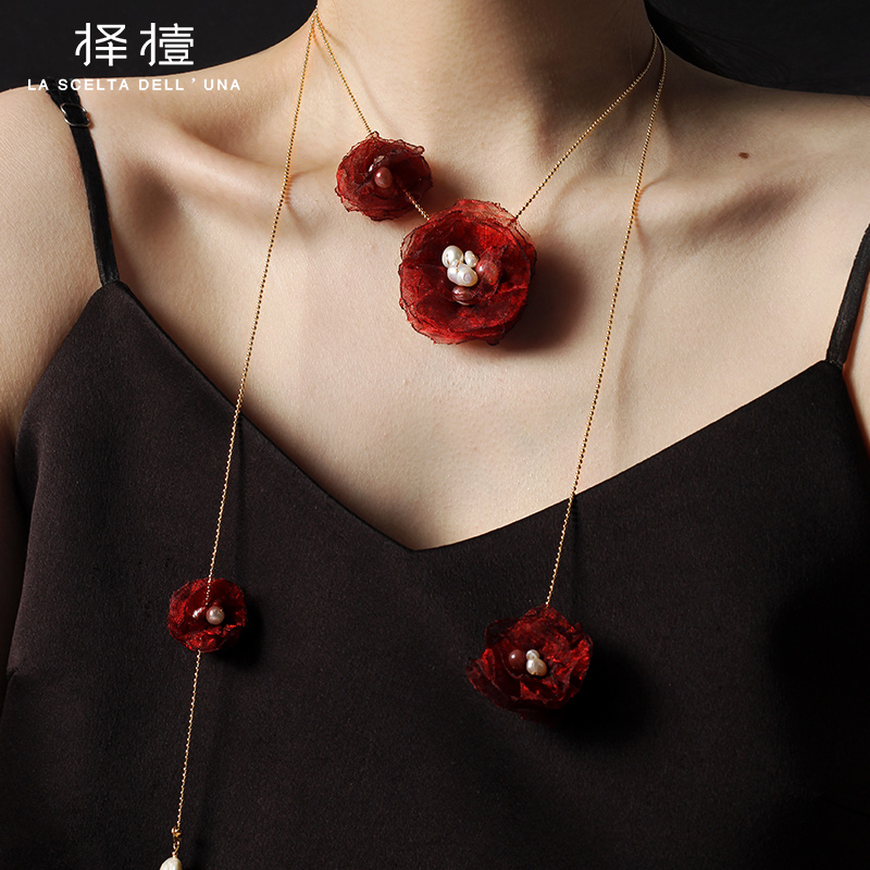 择撎原创设计新中式中国红项链女欧根纱天然淡水珍珠设计款高级