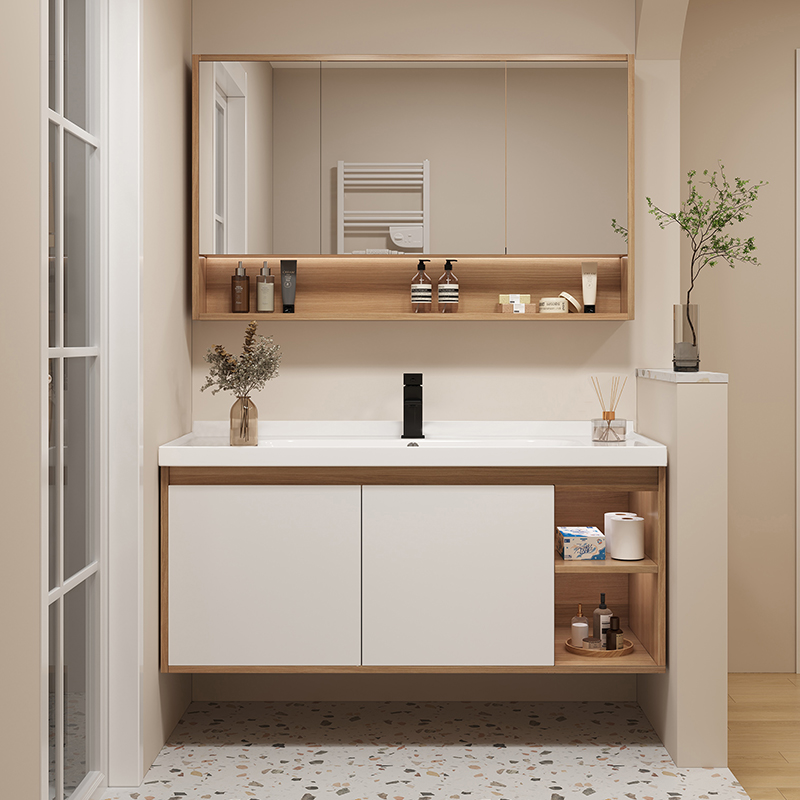 新款现代简约实木一体陶瓷岩板智能浴室柜组合卫生间洗脸盆柜套装