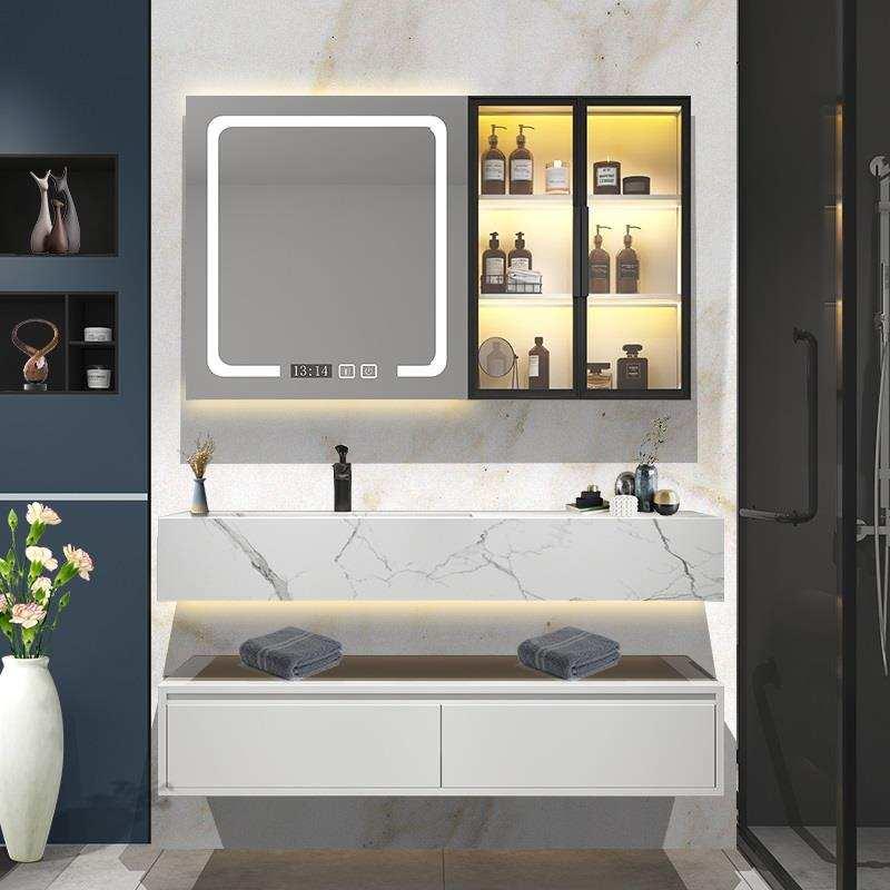 轻奢岩板一体盆浴室柜组合橡木智能镜柜洗手台卫生间洗脸盆洗面池