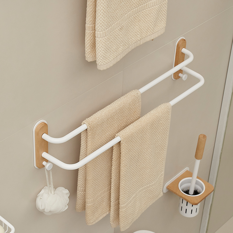 CMEO原木风白色免打孔毛巾架卫生间浴巾架毛巾杆挂杆壁挂式置物架