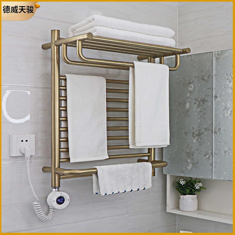 德威天骏电热毛巾架浴巾卫生间家用烘干碳纤维加热新款发拉丝金色