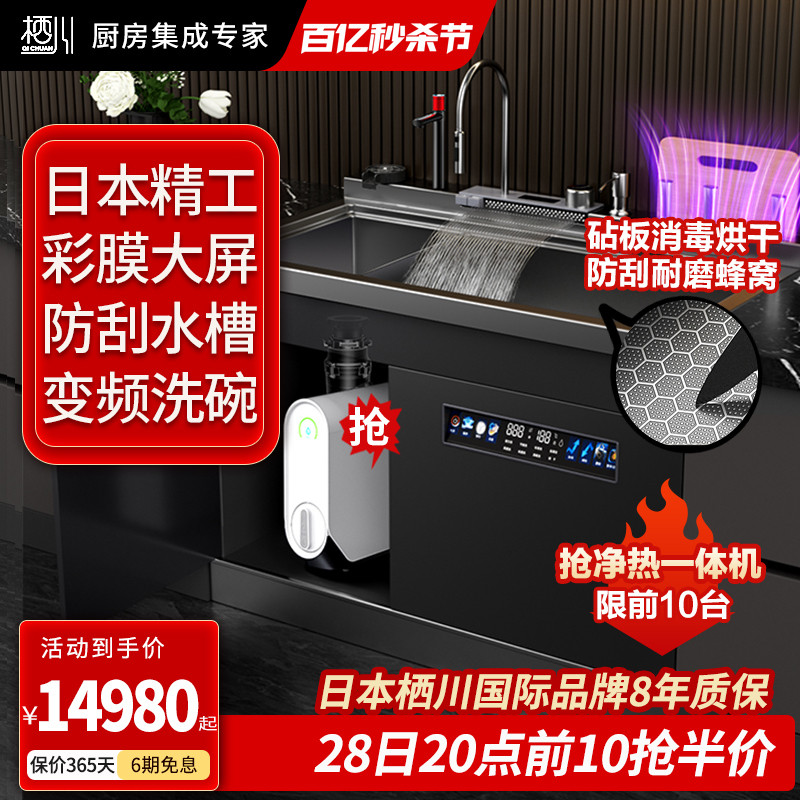 日本栖川飞雨水帘集成水槽洗碗机一体13套XC-09D防刮蜂窝砧板消毒