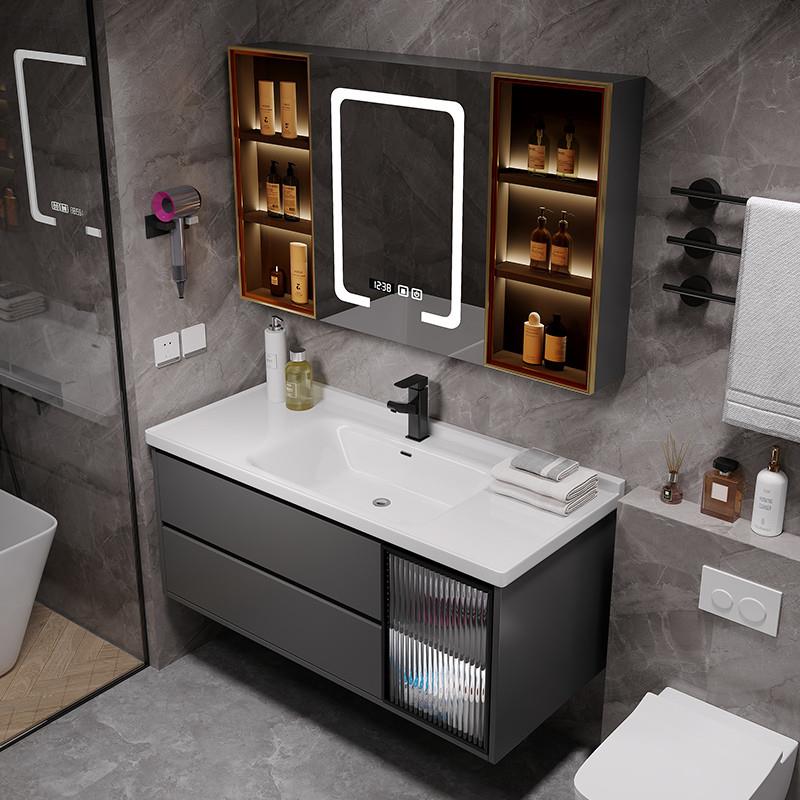 现代简约智能多层实木浴室柜组合洗脸洗漱台盆卫生间一体陶瓷镜柜