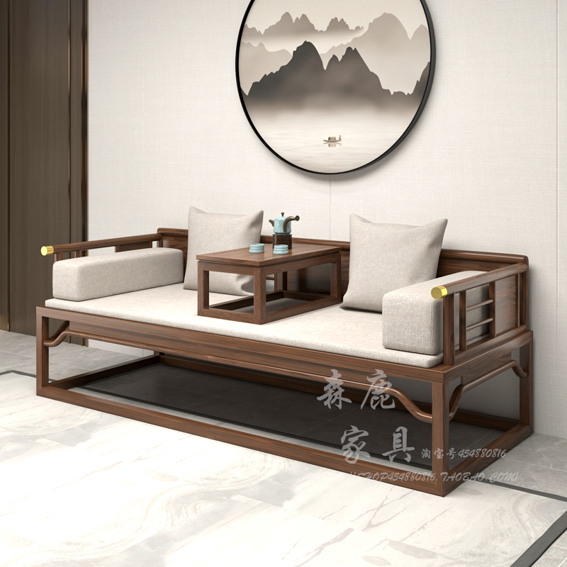 定制乌金木罗汉床实木新中式沙发白蜡木小户型轻奢推拉茶桌椅组合