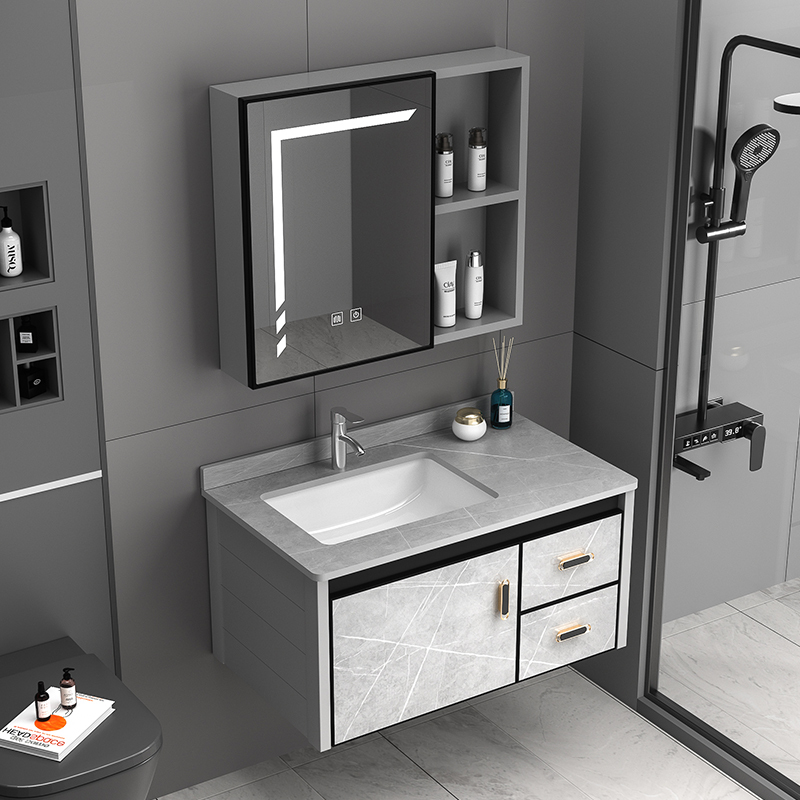 新款简约智能太空铝浴室柜组合洗手间洗簌台卫生间一体陶瓷洗脸盆