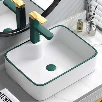 北欧陶瓷台上盆圆形洗手盆池绿边艺术盆小尺寸家用方形洗脸盆单盆