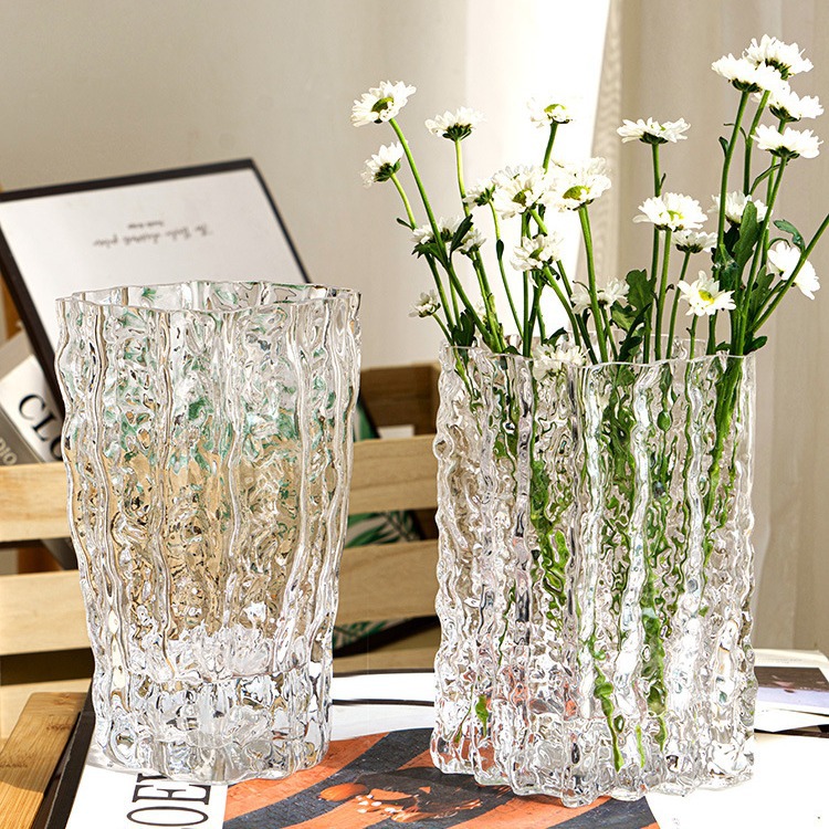 欧式简约冰川透明玻璃花瓶百合干花插花水培摆件创意轻奢客厅家用