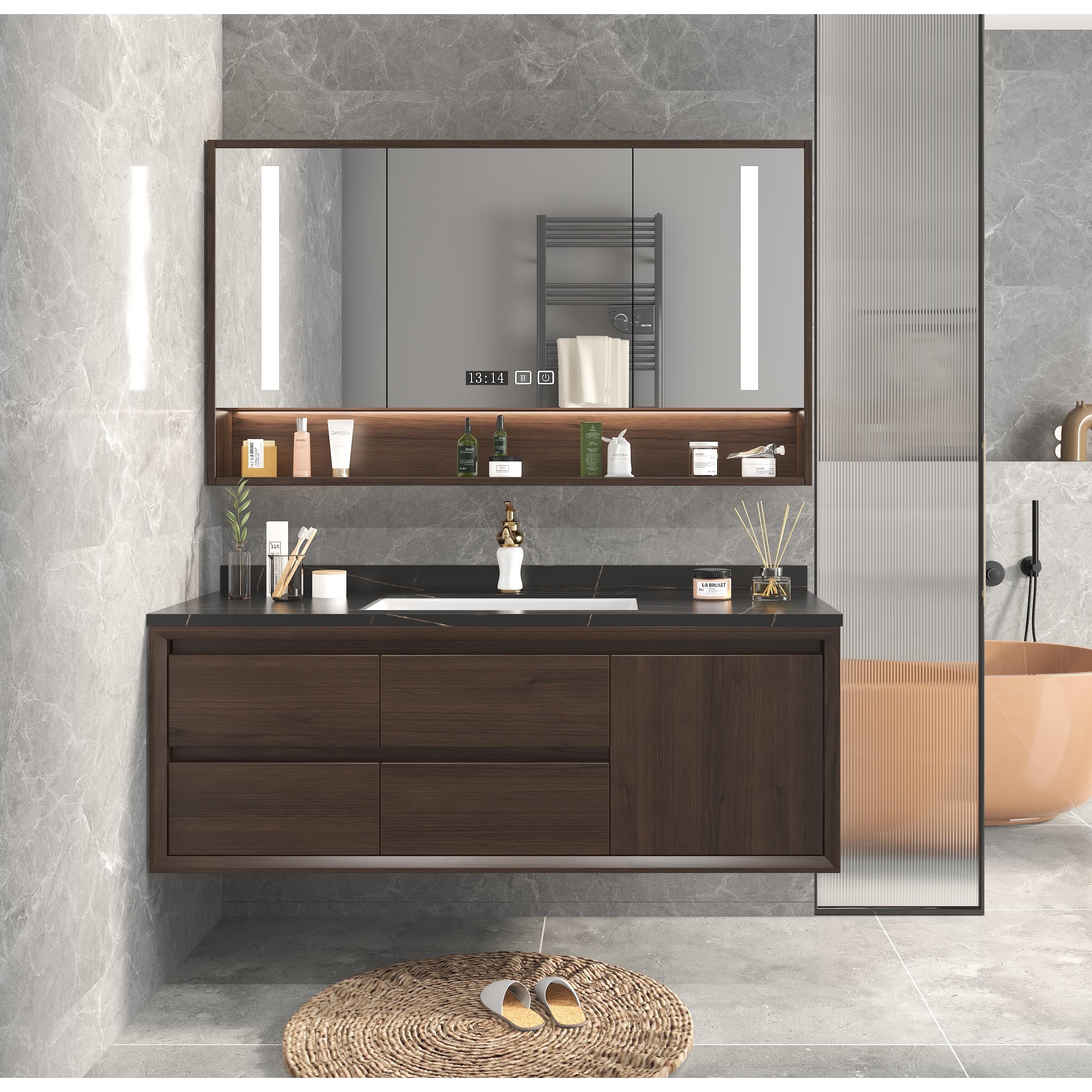 现代新中式岩板浴室柜实木橡木洗手池组合洗漱台洗脸盆柜卫浴柜