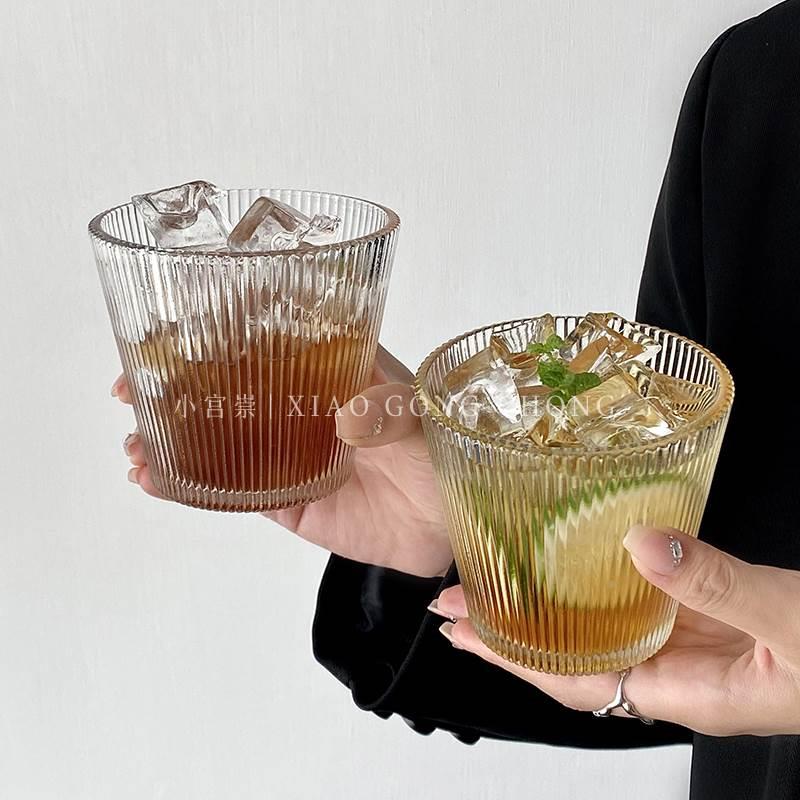 日式复古简约条纹玻璃杯ins茶杯果汁杯咖啡杯喝水杯牛奶杯酒杯子