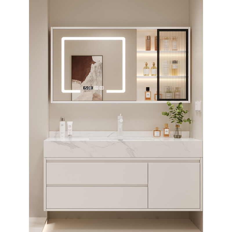 岩板陶瓷一体盆浴室柜组合现代简约卫生间实木洗脸盆柜切角定制