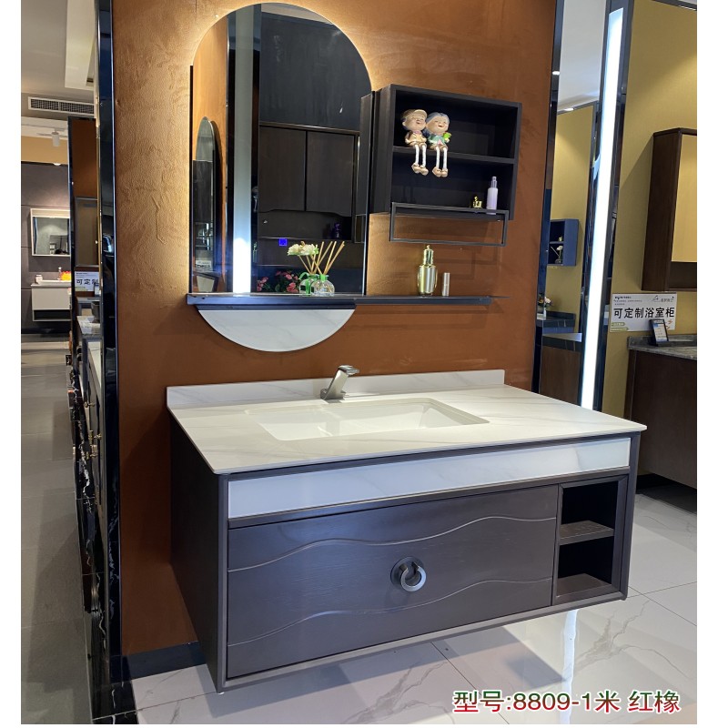 现代简约岩板台面卫生间洗脸盆洗漱台洗手盆红橡木浴室柜