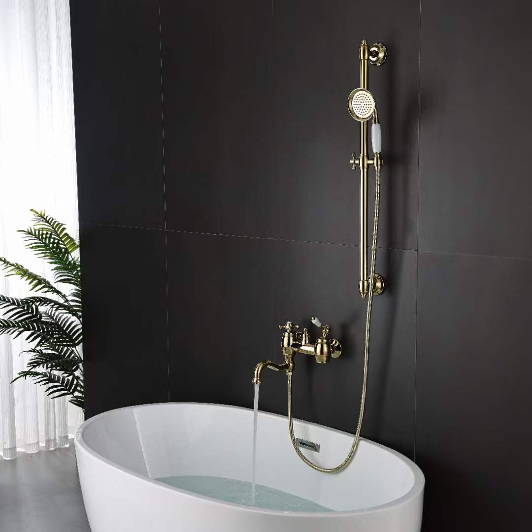 全铜仿古壁挂式浴缸龙头 单把双控转动式出水咀浴室浴缸花洒套装