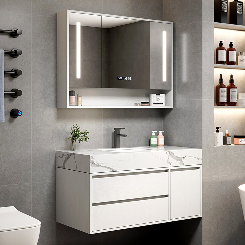 现代简约实木浴室柜组合岩板一体盆陶瓷卫生间洗脸盆柜洗手洗漱台
