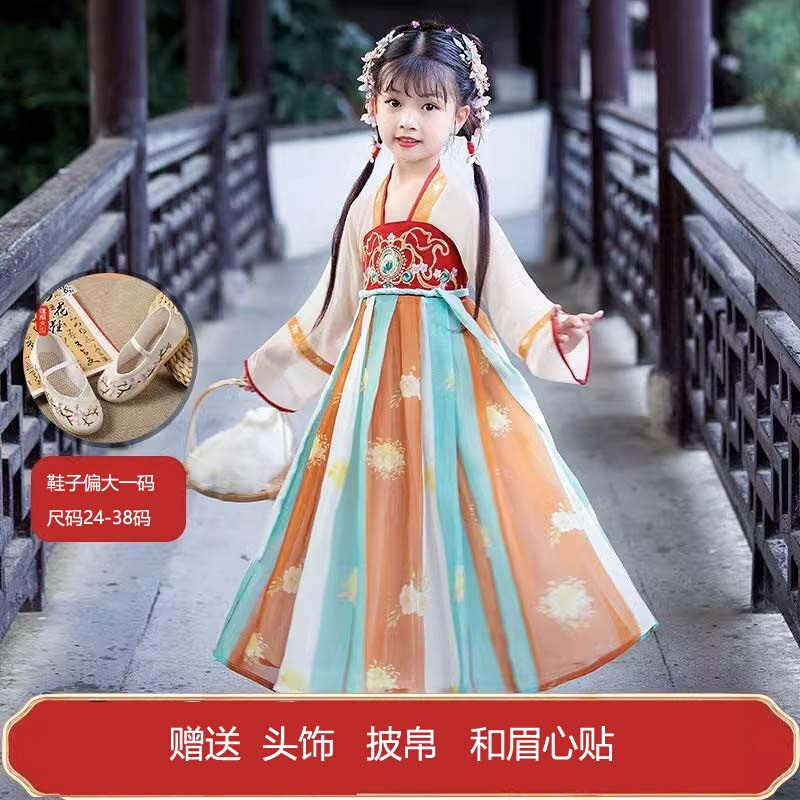 中国风胭脂妆舞蹈服新款古装汉唐儿童汉服春夏连衣裙学生演出服女