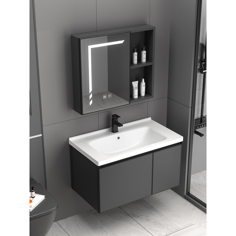 新款太空铝浴室柜组合卫生间轻奢现代简约洗脸盆柜一体陶瓷洗簌台