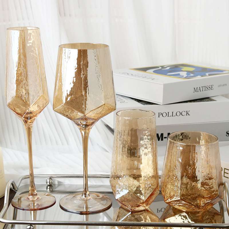 创意锤纹琥珀香槟色高脚玻璃杯北欧复古水晶红酒杯香槟杯果汁杯
