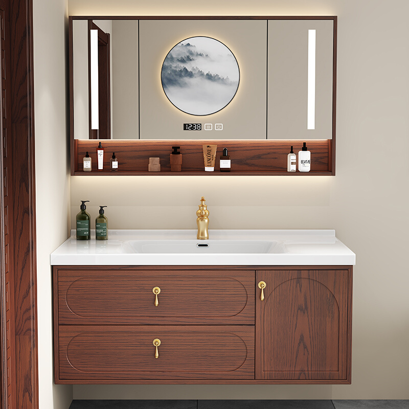 新中式红橡木陶瓷一体盆浴室柜组合挂壁式实木卫生间洗漱台卫浴柜