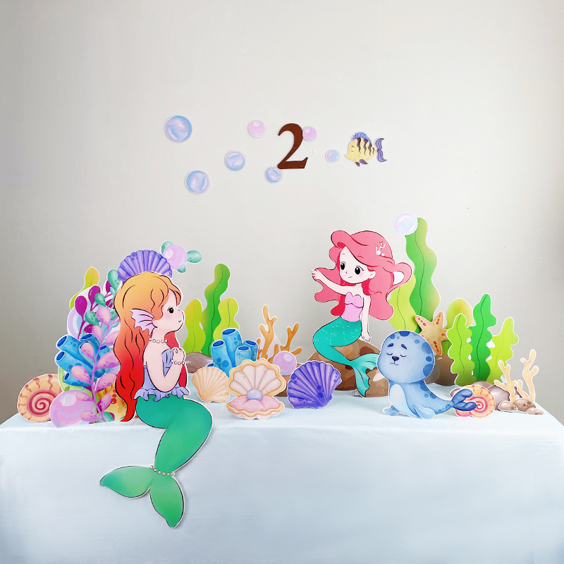 美人鱼主题女宝女孩周岁生日派对装饰场景布置背景墙气球KT板桌摆