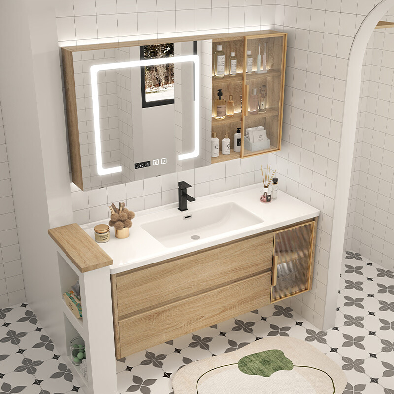 网红现代简约原木色浴室柜组合陶瓷一体盆洗脸盆卫生间洗漱台