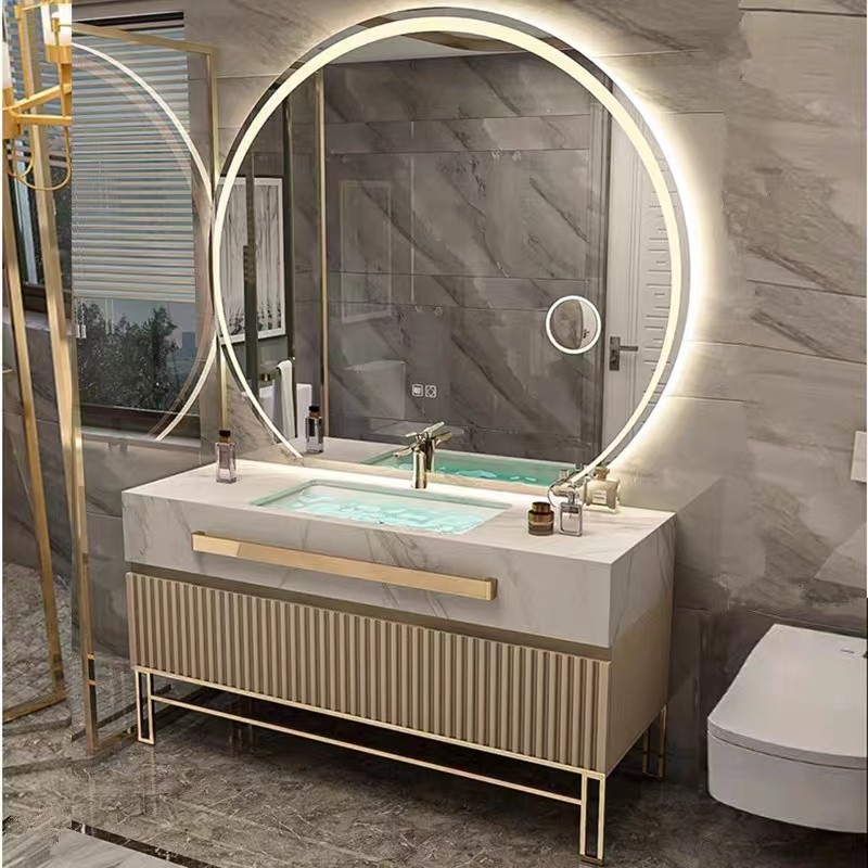 新款轻奢现代落地式浴室柜组合橡木卫浴洗漱台岩板一体洗手洗脸盆