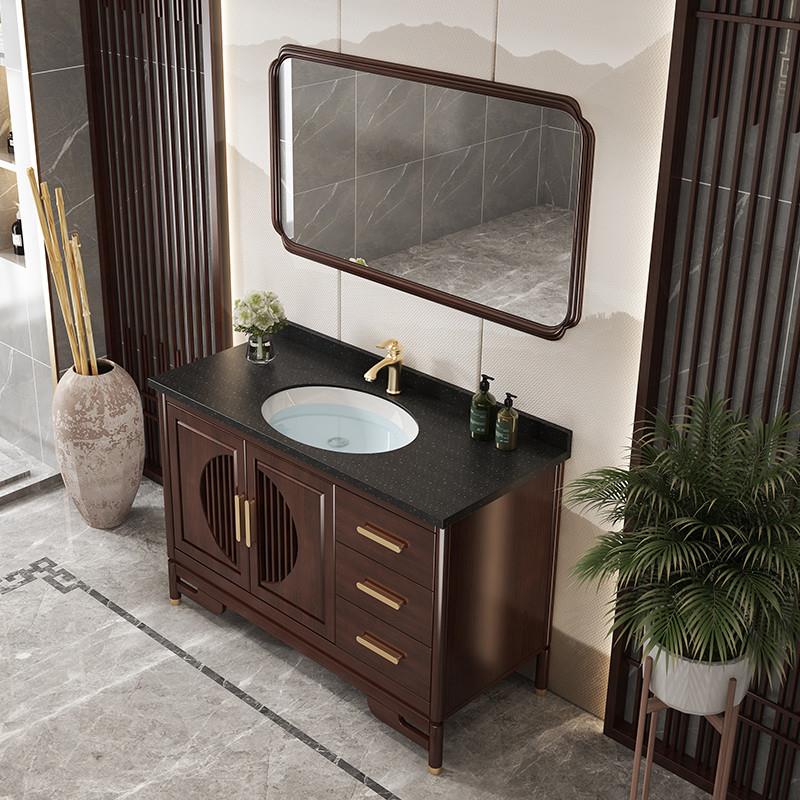 定制新中式橡木岩板智能镜柜浴室柜组合洗脸洗手面盆洗漱台一体陶