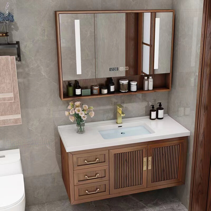 新中式红橡木陶瓷一体盆浴室柜组合卫生间洗脸洗手盆柜实木洗漱台
