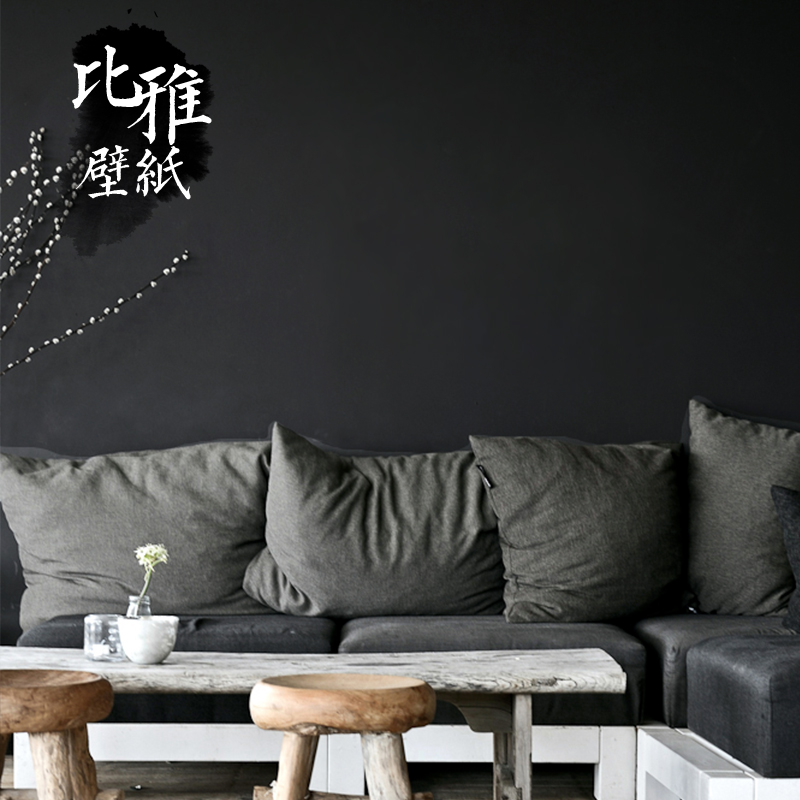 北欧亚麻布纹无纺布灰色墙纸高级感纯素色客厅卧室黑色壁纸非自粘