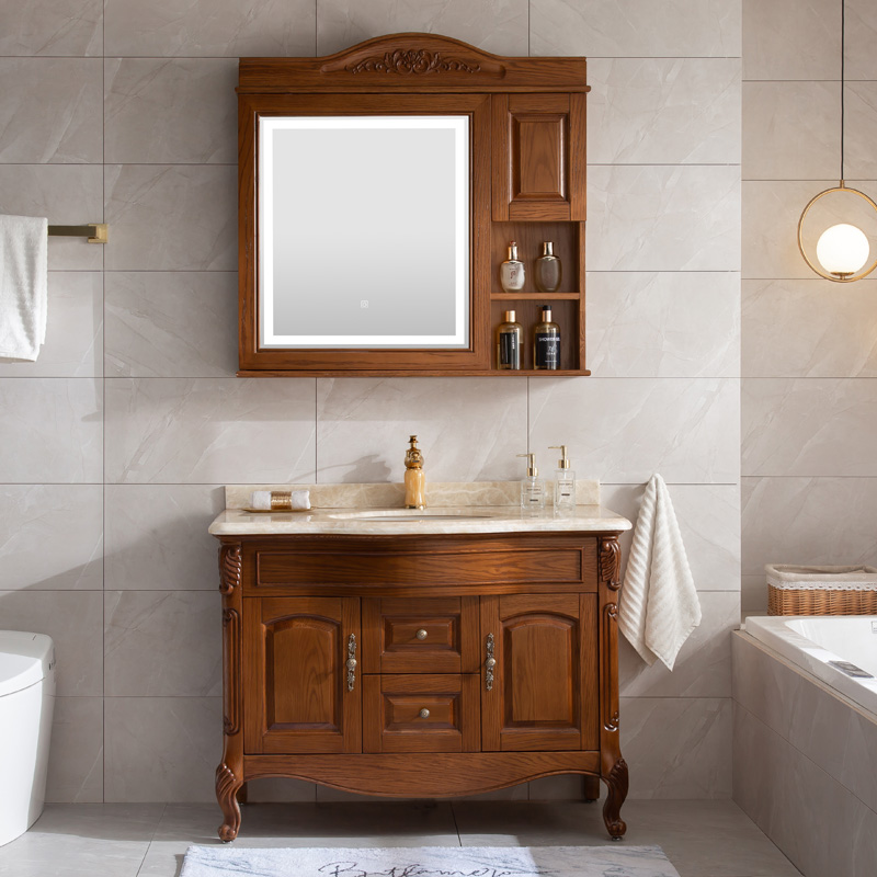 实木美式浴室柜红橡木简欧洗手台洗脸盆柜智能镜柜组合大理石台面