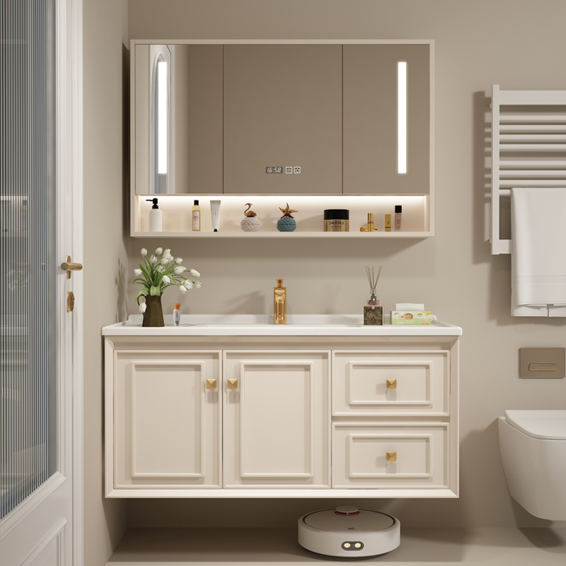 现代奶油风浴室柜组合美法式橡木轻奢卫生间洗漱台一体陶瓷盆洗脸