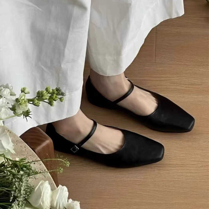 AkenoPrincess新款褶皱法式羊皮复古玛丽珍女鞋平底浅口真皮单鞋