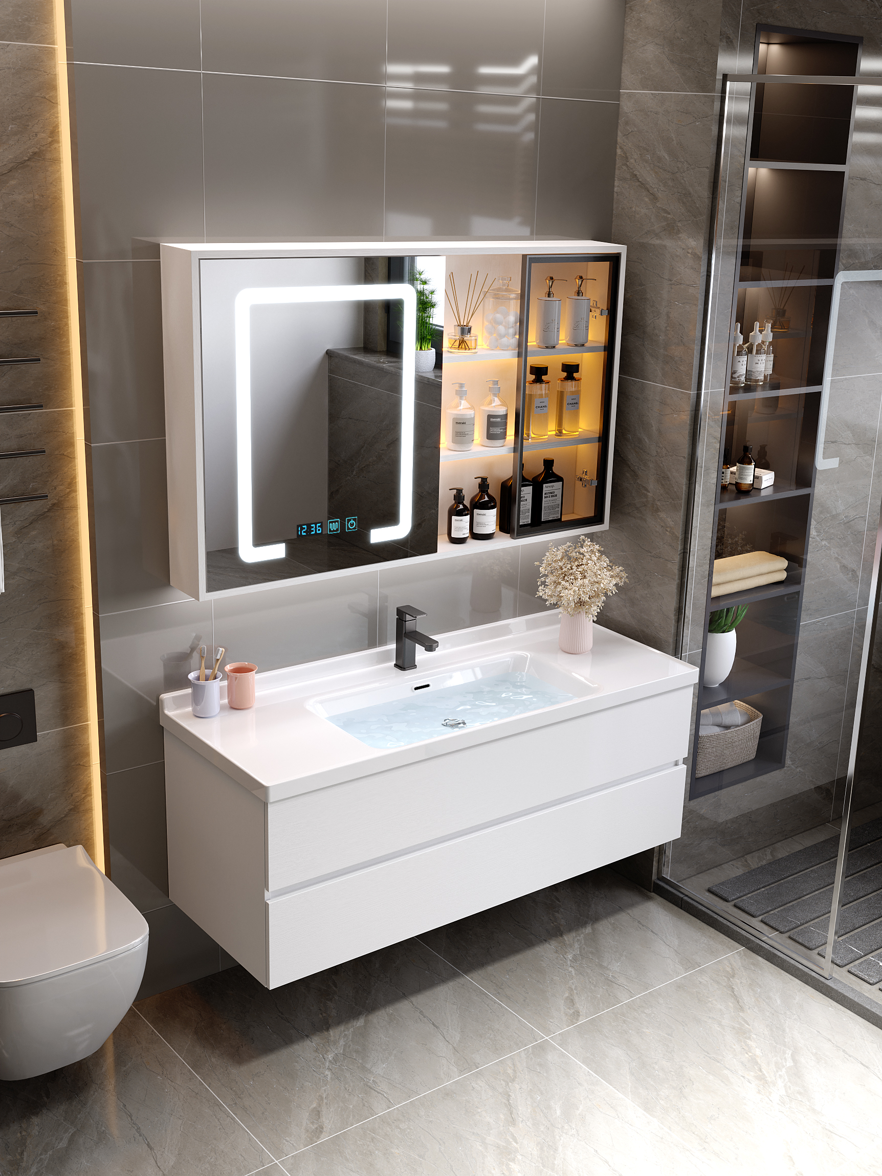 智能浴室柜一体盆陶瓷洗脸盆洗手盆柜组合现代简约卫生间洗漱台
