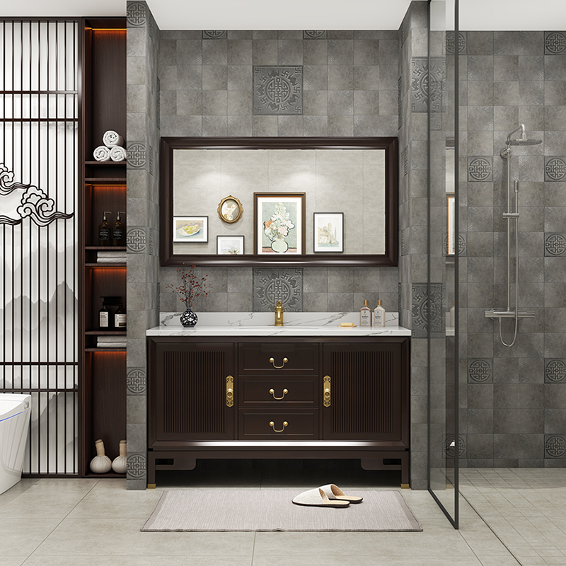 新中式岩板陶瓷盆橡木智能镜柜落地浴室柜组合洗手洗脸面盆洗漱台
