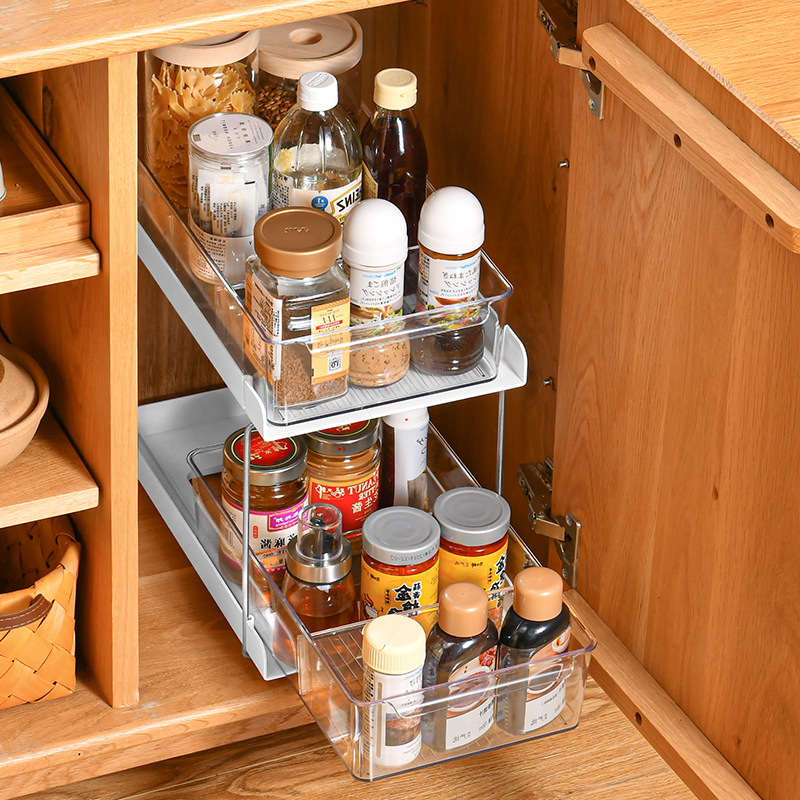 厨房橱柜下水槽置物架双层收屉式收纳盒收纳架调料瓶收纳筐整理架