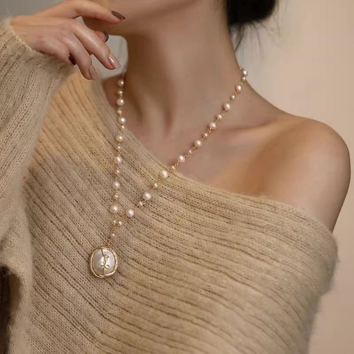 优选新款缠丝大珍珠流苏项链小众设计高级感毛衣项链2023年爆款女