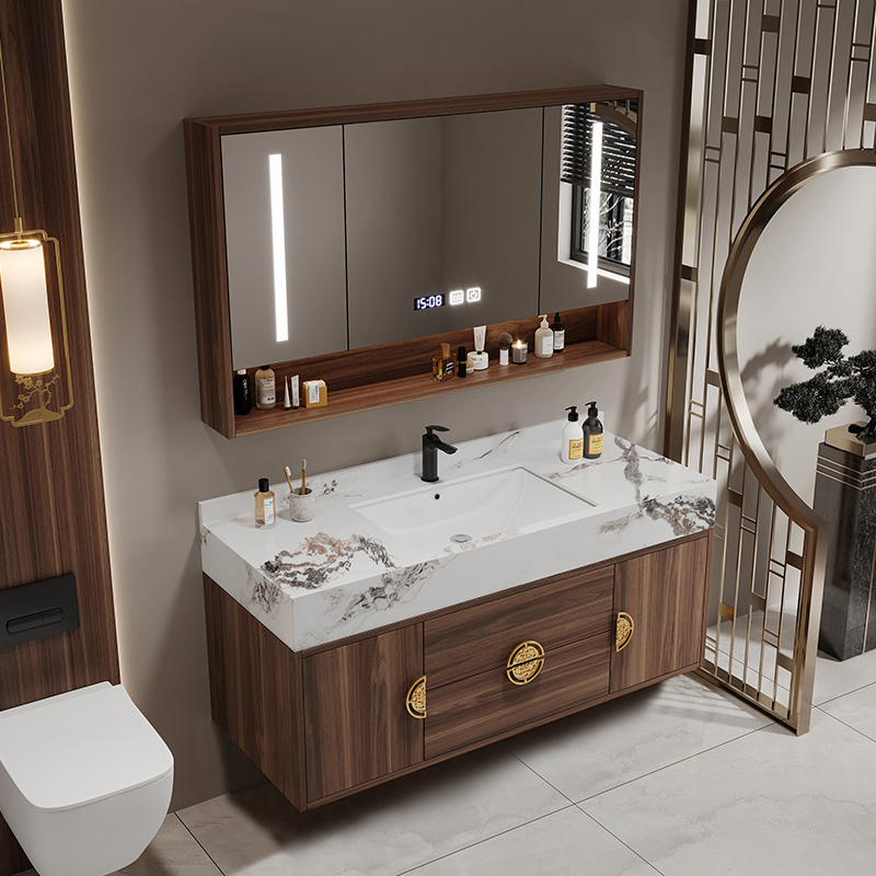 卫生间现代简约新中式岩板浴室柜组合洗脸手盆轻奢实木洗漱台定制