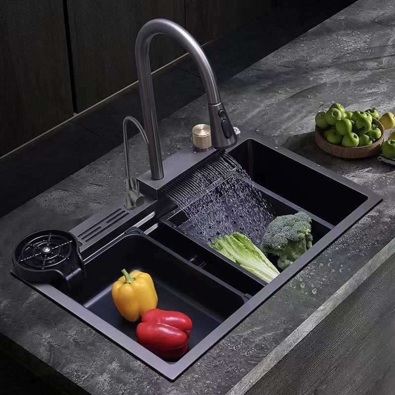 厨房多功能加厚手工刀架瀑布水槽纳米不锈钢洗碗池大单槽洗菜盆