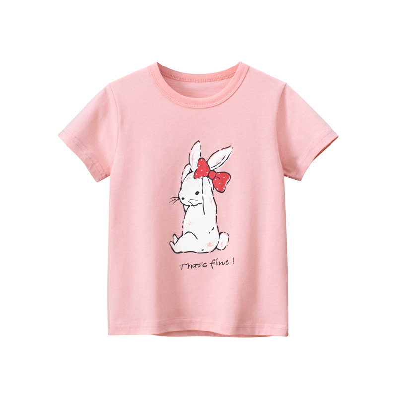 27home纯棉2024夏季卡通兔子儿童短袖T恤 可爱童装女童粉红色上衣