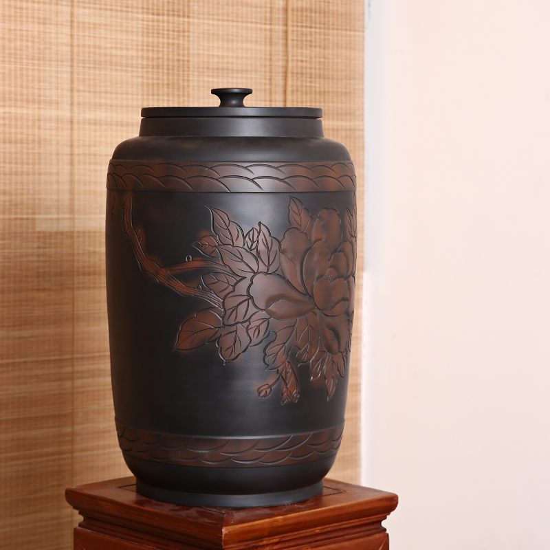 原食生活陶瓷水缸家用建水紫陶茶水缸抽水缸25升浮雕牡丹储水罐子