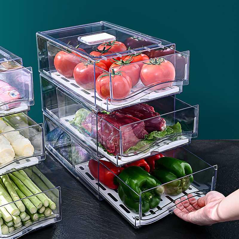 新品冰箱收纳盒食品级塑料高透抽屉式冷藏保鲜盒自带沥水板整理储