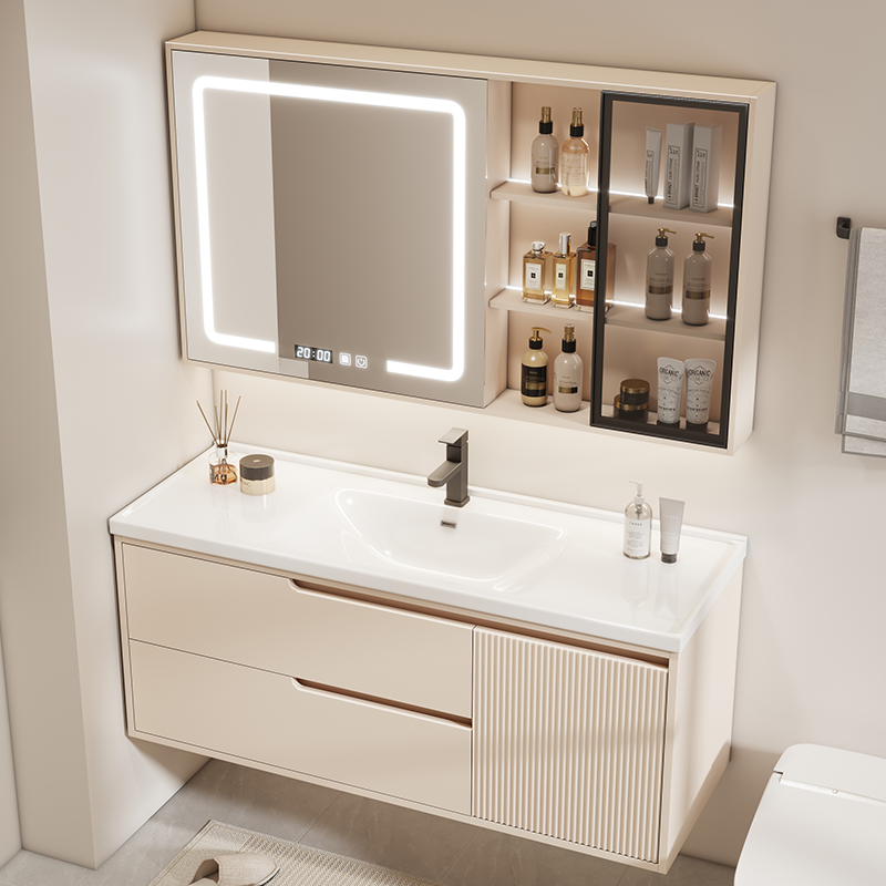 奶油风浴室柜组合现代简约卫生间陶瓷一体盆洗漱台手脸智能镜套装