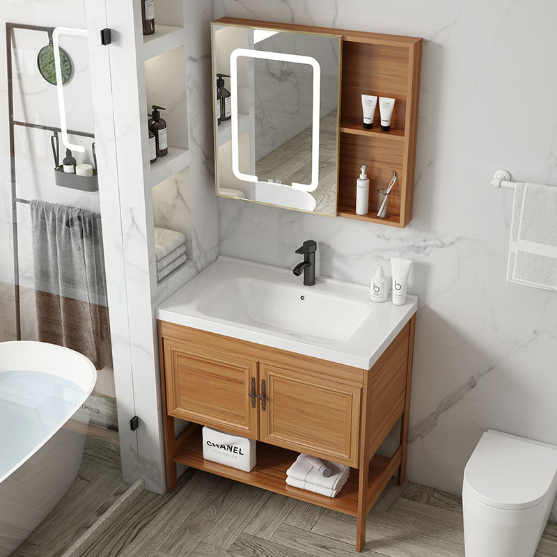 落地式浴室柜太空铝洗脸池洗手盆柜组合原木色小户型卫生间洗漱台