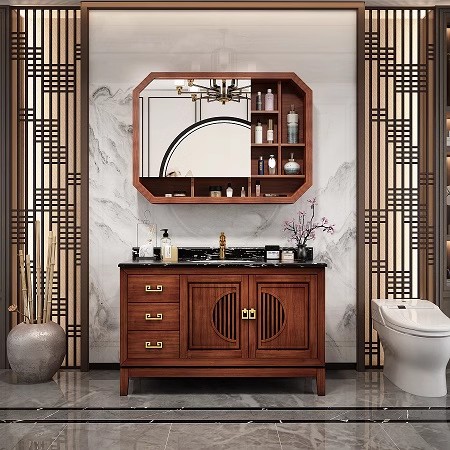 卫浴新中式橡木实木浴室柜组合美式洗脸盆洗手卫生间洗漱池双台盆