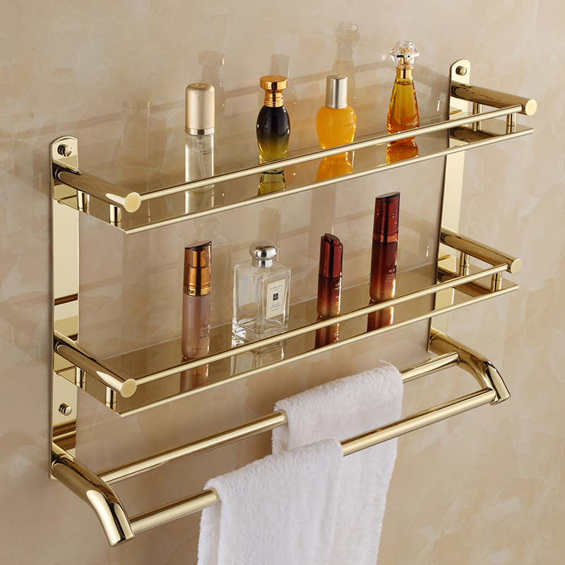 浴室不锈钢壁挂折叠2层置物架卫浴双层毛巾架金色卫生间浴巾架子